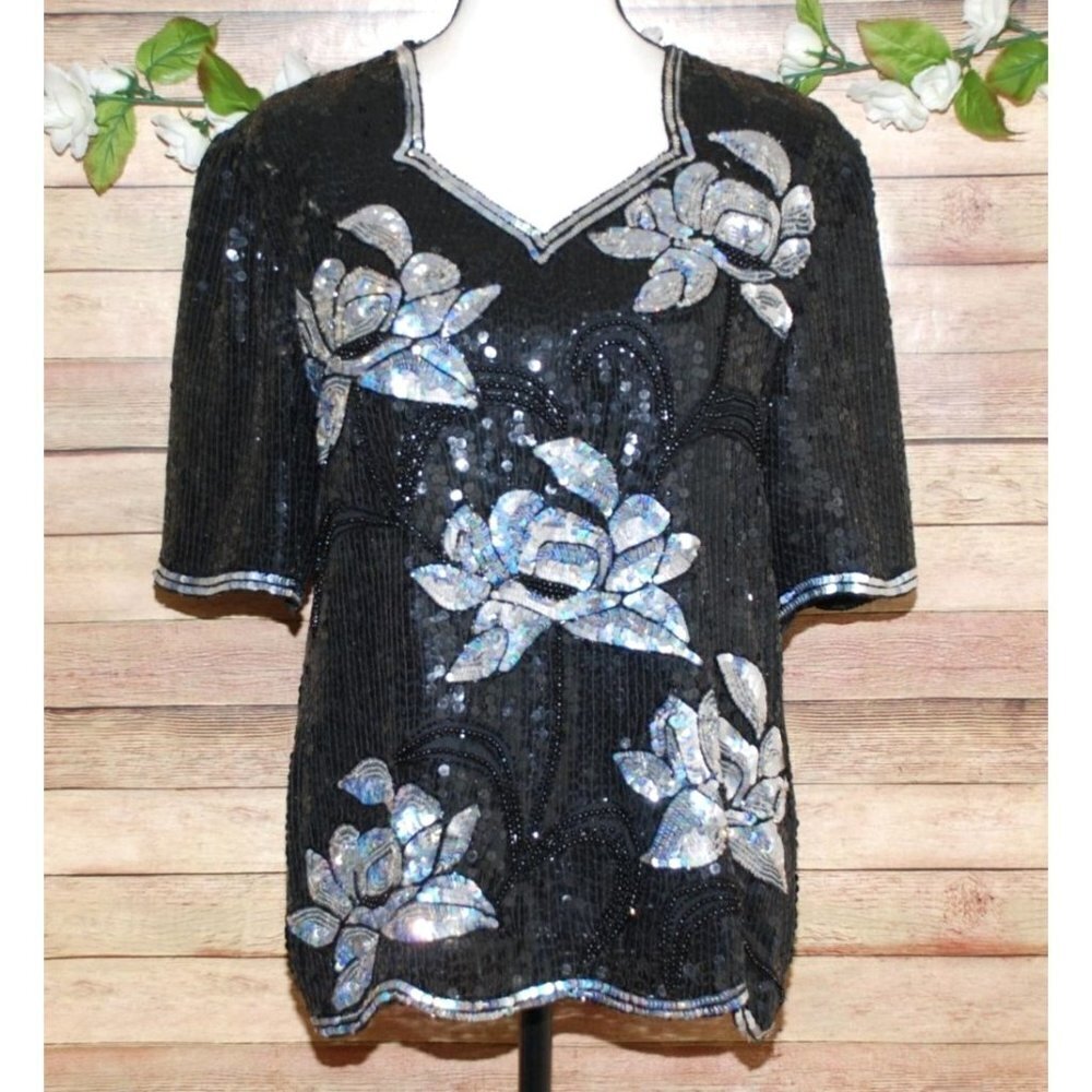 Vintage Royal Feelings Black Full Sequin Sparkle Silk Blouse Size S Short Sleeve